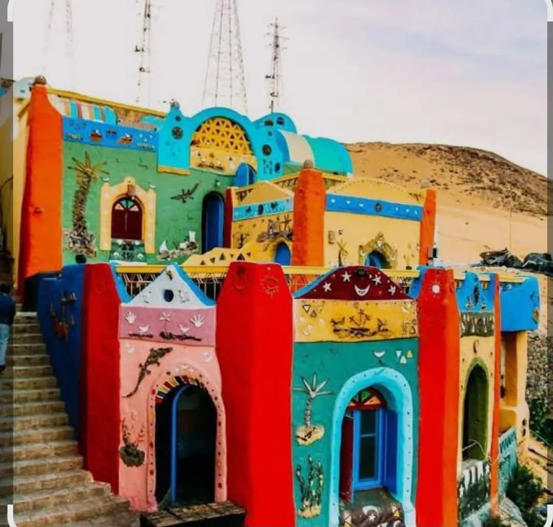 A Nubian cafe terrace overlooking the Nile with rowboats near Aswan
