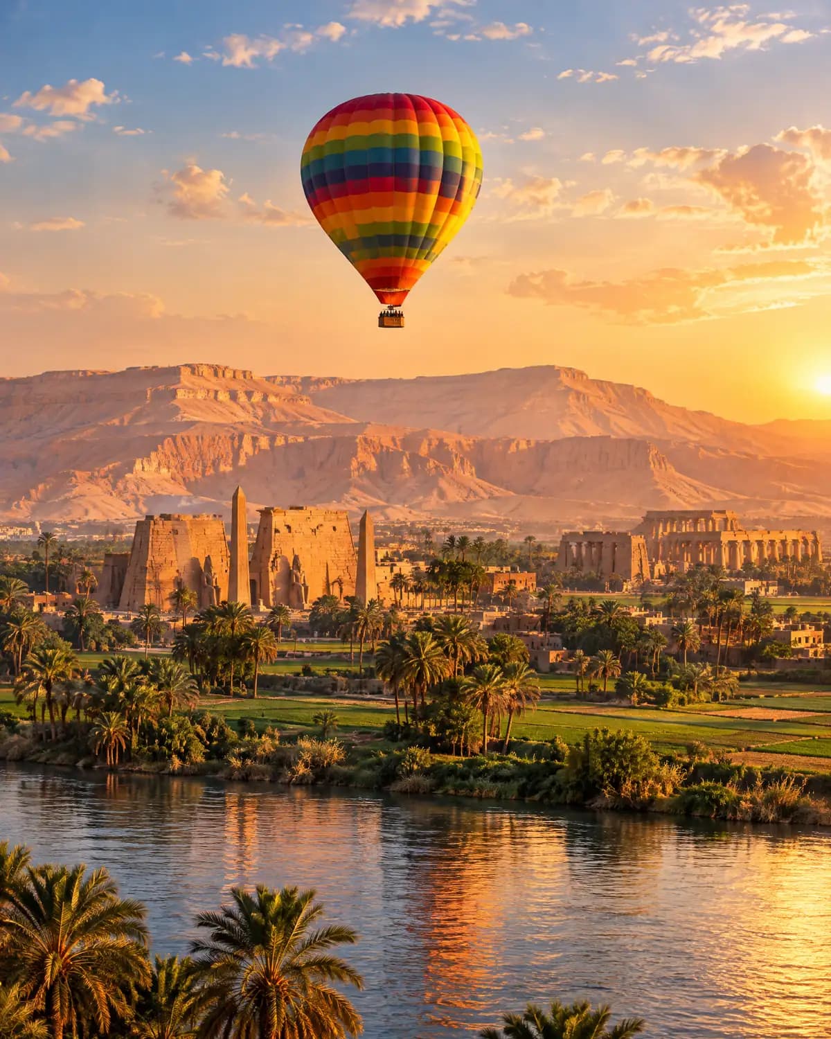 Hot air balloons rising over the Nile valley west of Luxor at sunrise.