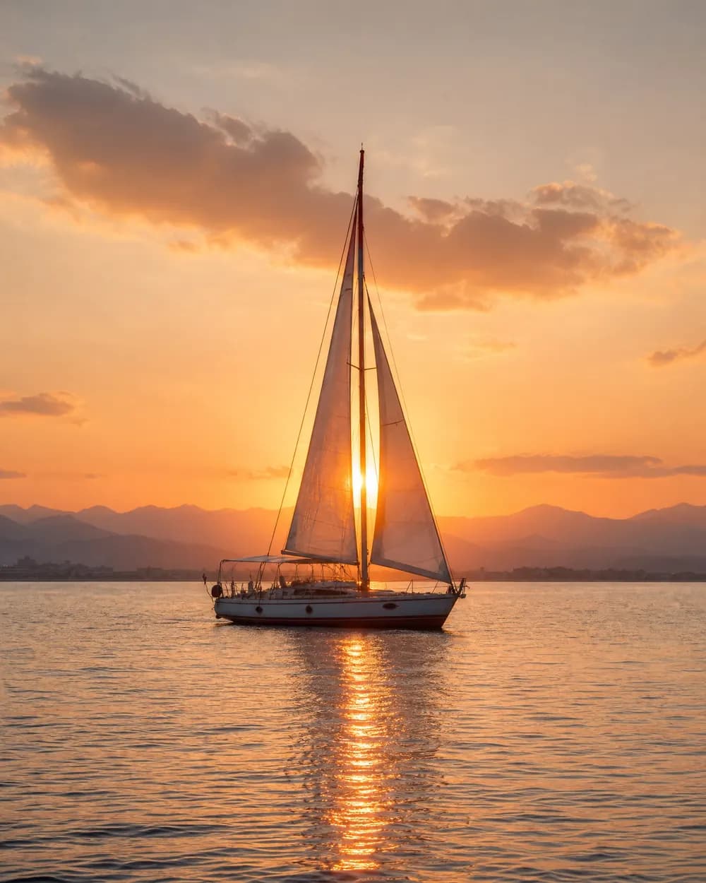 The sun setting over the Red Sea with a dahabiya silhouette offshore.